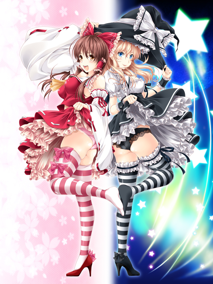 霧雨魔理沙　パンチラ 霊夢と魔理沙のぱんちら縞ニーソ足の裏合わせ | 神谷ともえ@c105 E63a